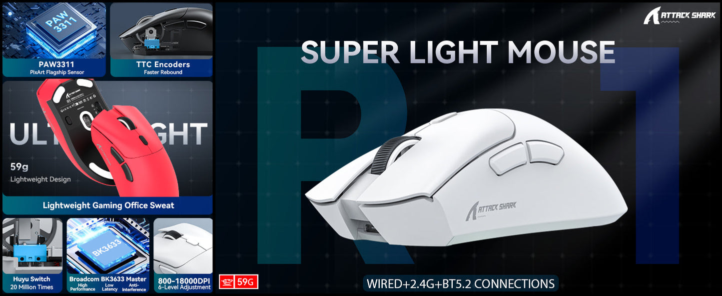 Attack Shark Wireless R1-Mouse Wired+2.4G+BT5.2 Connections BT5.2/BT5.2 Dual Channel Switching Tri-Mode Connection and Type-C Charging - Black | White | Red