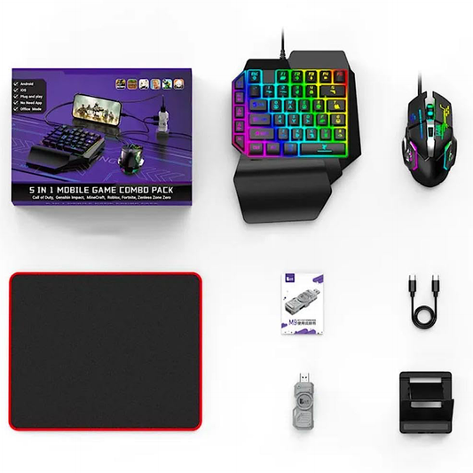 5 in 1 Mobile Game Combo Pack with RGB Mini Gaming Keyboard & Mouse with Side Button & Mobile Holder,Gaming Adapter with Mobile Game Converter for Android & iOS (NO APP Require)