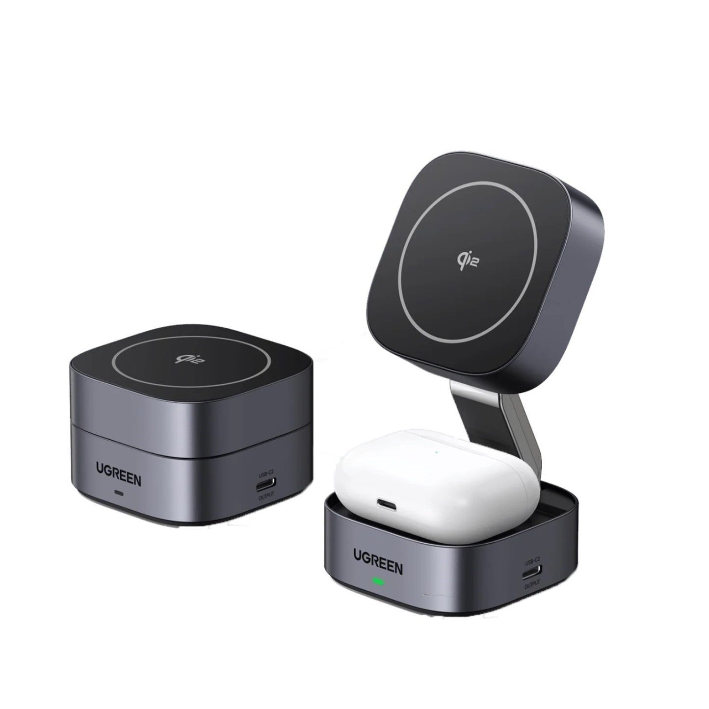 UGREEN 2-In-1 Qi2 Magnetic Foldable Wireless Charger 15W Fast Charging Station With N52 Magnets USB-C 12V 3A Dual Output 15W Phone 5W Earbuds 70° Adjustable Stand Grey