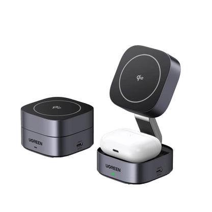 UGREEN 2-In-1 Qi2 Magnetic Foldable Wireless Charger 15W Fast Charging Station With N52 Magnets USB-C 12V 3A Dual Output 15W Phone 5W Earbuds 70° Adjustable Stand Grey