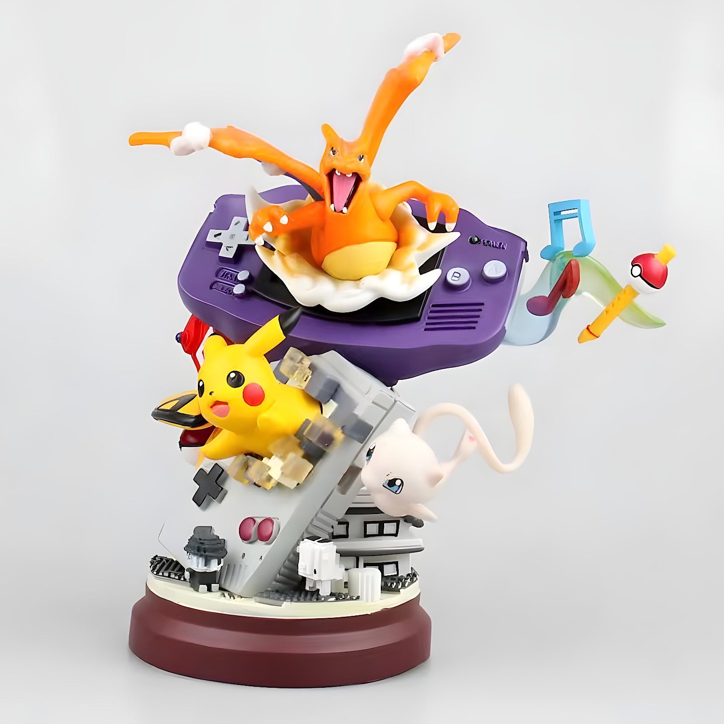 Pokémon Diorama 20CM featuring Pikachu, Charizard, and Mew Interacting with Classic Nintendo Game Boy Consoles.