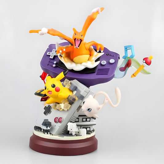 Pokémon Diorama 20CM featuring Pikachu, Charizard, and Mew Interacting with Classic Nintendo Game Boy Consoles.