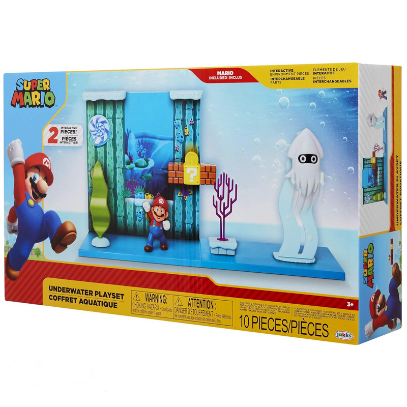 Super Mario Underwater Playset with Interactive Enviromentpiece, 2.5" Articulated Mario Figure & Blooper Squid Figure - Collect & Create Your Mario World!