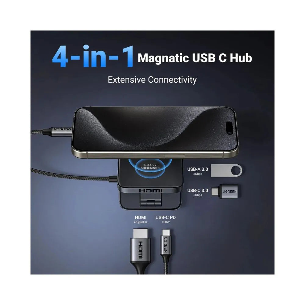 UGREEN 4-In-1 Magnetic USB-C Hub 4K@60Hz HDMI, 100W PD 3.0 Charging, 5Gbps Data Transfer, Foldable 135° Stand, USB-A & USB-C Ports, Multi-OS Compatible | 35590