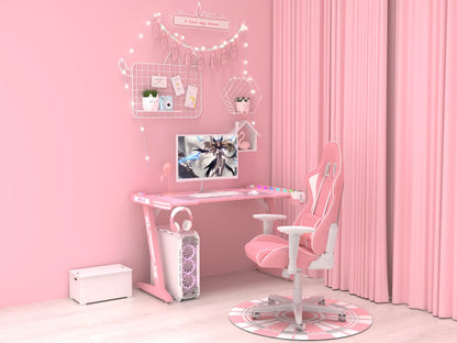 مكتب ألعاب Z8 بطول 120 سم مع أضواء LED وحامل أكواب وحامل سماعة رأس - وردي 