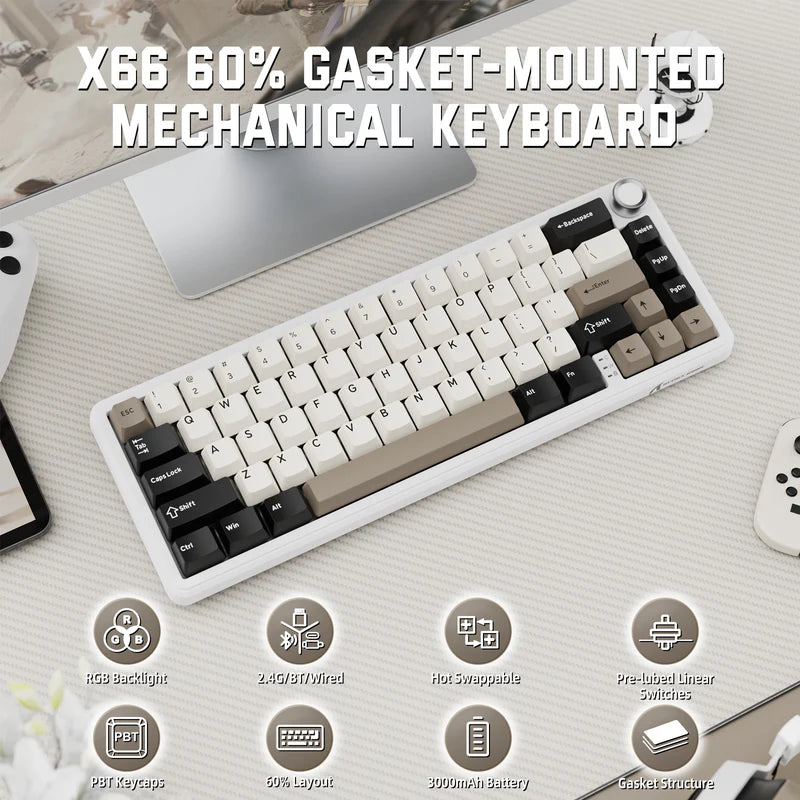 Attack Shark X66 Mechanical Keyboard – 66 Keys, Tri-Mode Wireless, Strawberry Switches, RGB, Gasket Mount, Hot-Swappable, PBT Keycaps - White Cheese