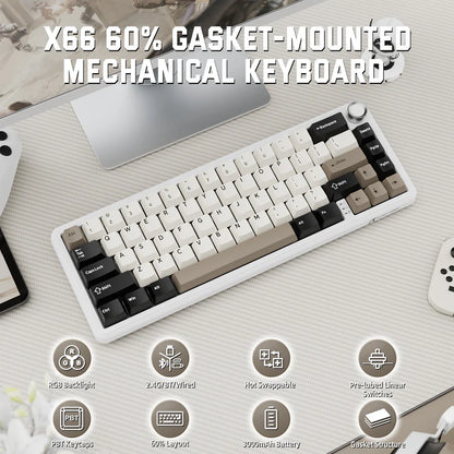 Attack Shark X66 Mechanical Keyboard – 66 Keys, Tri-Mode Wireless, Strawberry Switches, RGB, Gasket Mount, Hot-Swappable, PBT Keycaps - White Cheese
