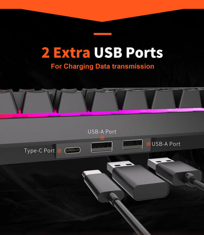 RK ROYAL KLUDGE RK68 لوحة مفاتيح ميكانيكية لاسلكية 65% ثلاثية الوضع، بلوتوث 5.1 / 2.4 جيجاهرتز / سلكية، قابلة للتبديل السريع، 68 مفتاحًا RGB - أبيض