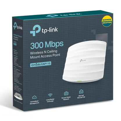 TP-Link EAP115 N300 Wireless Access Point, 300Mbps Access Points Support PoE 802.3af and Direct Current, Omada Mesh, Easy Setup, Centralized Cloud Management, Easily Mount to Wall or Ceiling