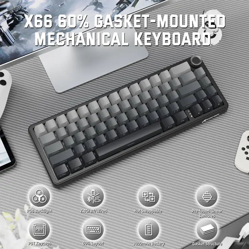 Attack Shark X66 Mechanical Keyboard – 66 Keys, Tri-Mode Wireless, Strawberry Switches, RGB, Gasket Mount, Hot-Swappable, PBT Keycaps -MOONLIGHT