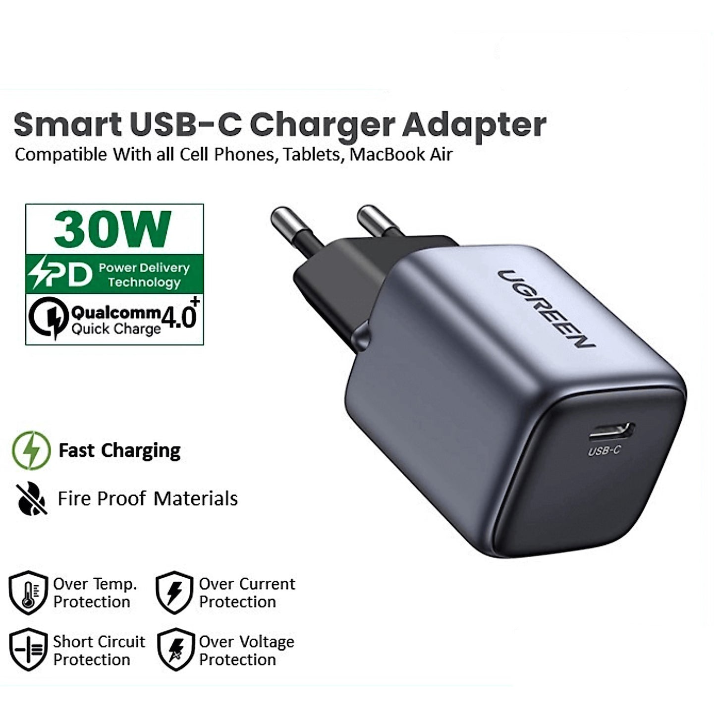 UGREEN Nexode 30W USB-C GaN II Fast Charger With PPS Adaptive Charging, Thermal Guard Protection And Ultra-Compact Design For iPhone 16, Galaxy S24 And MacBook Air | CD319-90666