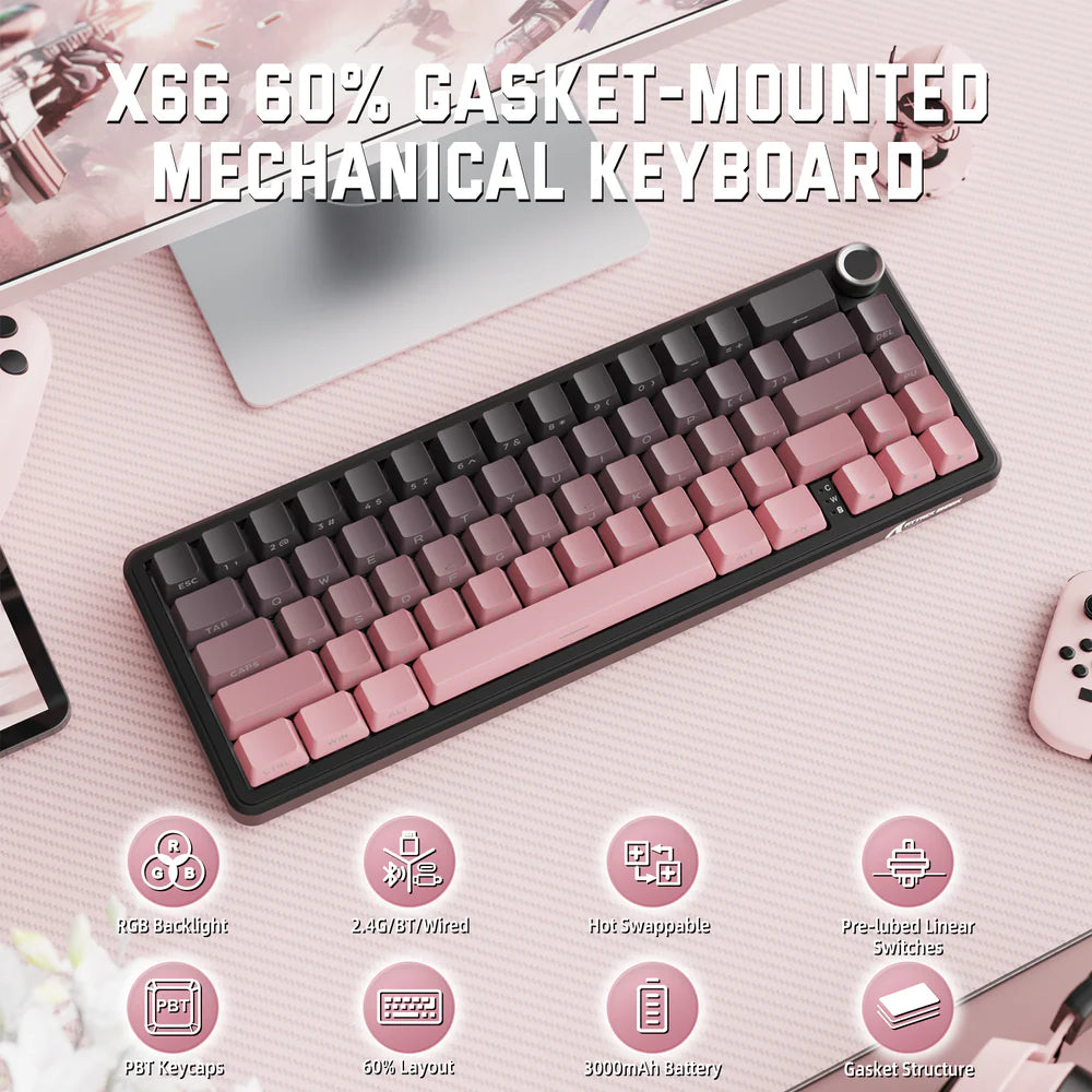 ATTACK SHARK X66 60% Wireless Gasket Mechanical Keyboard With Volume Knob, Tri-Mode BT/2.4G/USB-C, Hot-Swappable Strawberry Switches, RGB PBT Keycaps - Blackberry