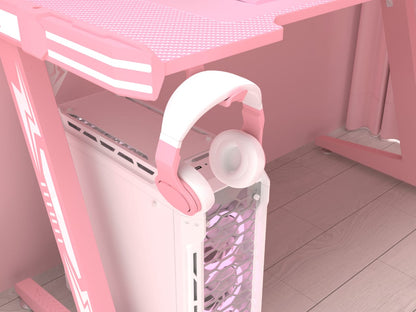 مكتب ألعاب Z8 بطول 120 سم مع أضواء LED وحامل أكواب وحامل سماعة رأس - وردي 