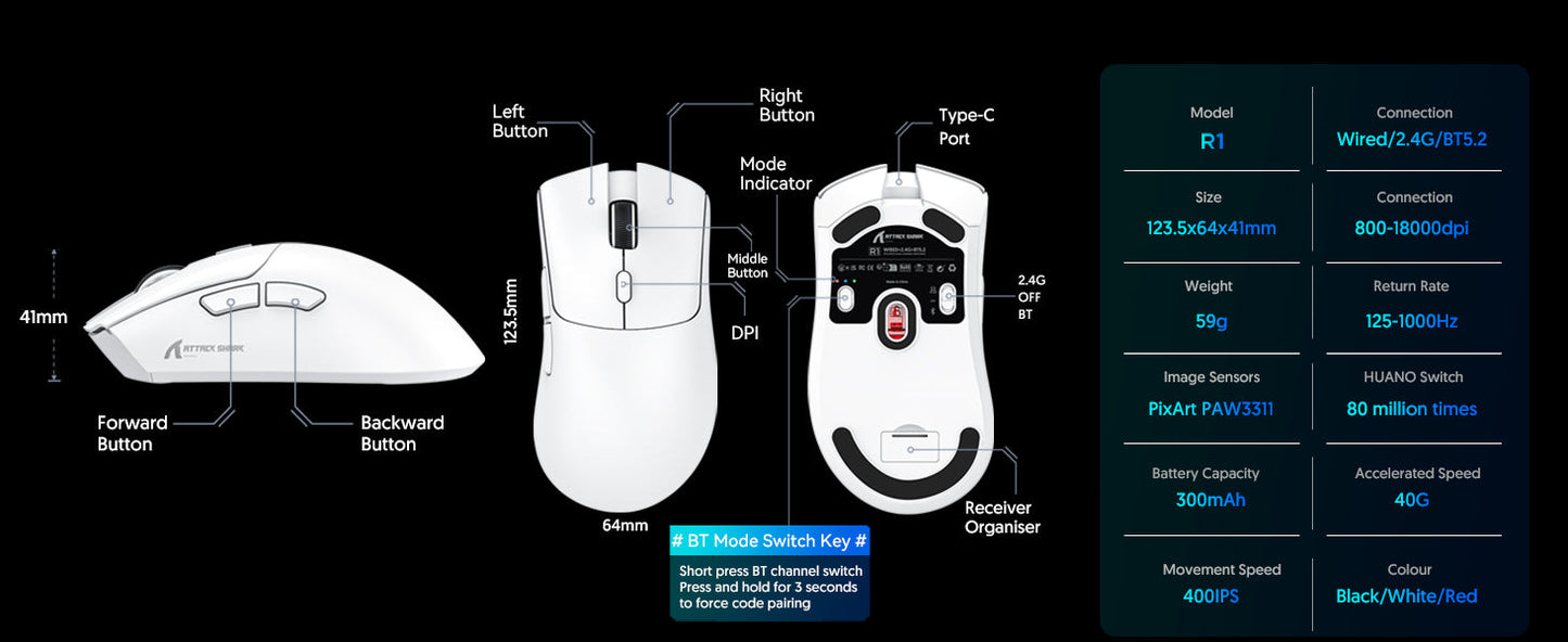 Attack Shark Wireless R1-Mouse Wired+2.4G+BT5.2 Connections BT5.2/BT5.2 Dual Channel Switching Tri-Mode Connection and Type-C Charging - Black | White | Red