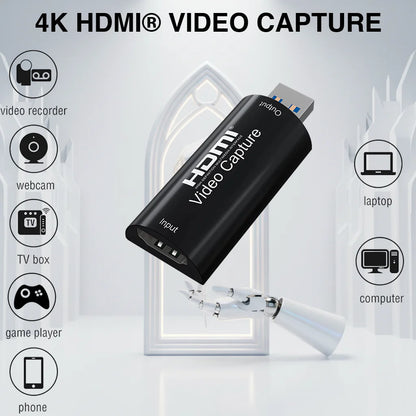 HDMI Video Capture Device 4K Input To 1080P Output, USB Plug & Play , 8/10/12-bit Deep Color Processing, up to 15 meters of HDMI Cable Input,  Supports OBS, VLC, Android, macOS, Windows