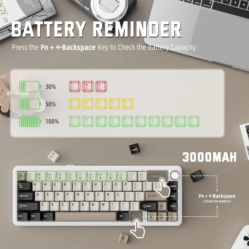 Attack Shark X66 Mechanical Keyboard – 66 Keys, Tri-Mode Wireless, Strawberry Switches, RGB, Gasket Mount, Hot-Swappable, PBT Keycaps - White Cheese