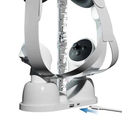 قاعدة عرض حامل شحن بتأثير إضاءة RGB مع بطاريتين قابلتين لإعادة الشحن لجهاز Meta Quest 3