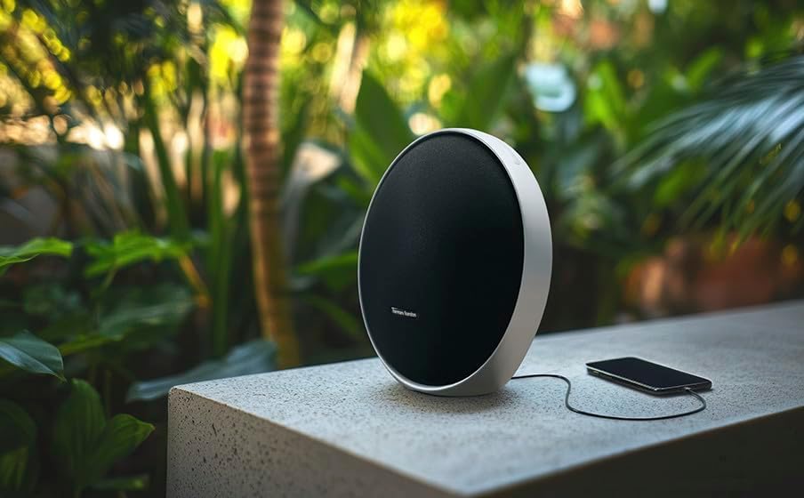 Harman Kardon Onyx Studio 9 - Portable Stereo Bluetooth Home Speaker with Built-in Battery and USB Charging, self-Tuning, and Multi-Speaker Connection by Auracast - Black | Grey