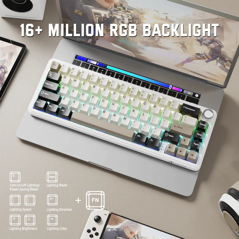 Attack Shark X66 Mechanical Keyboard – 66 Keys, Tri-Mode Wireless, Strawberry Switches, RGB, Gasket Mount, Hot-Swappable, PBT Keycaps - White Cheese