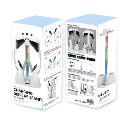 قاعدة عرض حامل شحن بتأثير إضاءة RGB مع بطاريتين قابلتين لإعادة الشحن لجهاز Meta Quest 3