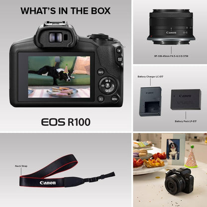 Canon EOS R100 Mirrorless Camera RF-S18-45mm F4.5-6.3 is STM Lens Kit, 24.1 Megapixel CMOS (APS-C) Sensor, 4K Video