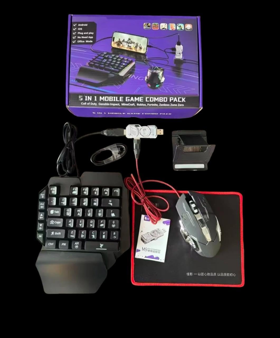 5 in 1 Mobile Game Combo Pack with RGB Mini Gaming Keyboard & Mouse with Side Button & Mobile Holder,Gaming Adapter with Mobile Game Converter for Android & iOS (NO APP Require)
