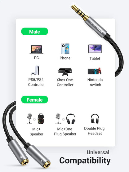 UGREEN Headphone Splitter 3.5mm 2 Female to 1 Male Mic and Audio Y Splitter TRRS Headset Adapter Cable Stereo Compatible with Laptop PS4 Xbox PC Phone Tablet Gaming | UGREEN-30620