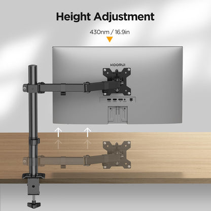 KOORUI KR10G Single Arm Desk Mount for 13-27 inch Monitors, Fully Adjustable with C-Clamp and Grommet Base, VESA 75x75mm or 100x100mm, Fits up to 10kg, Black, KR10G