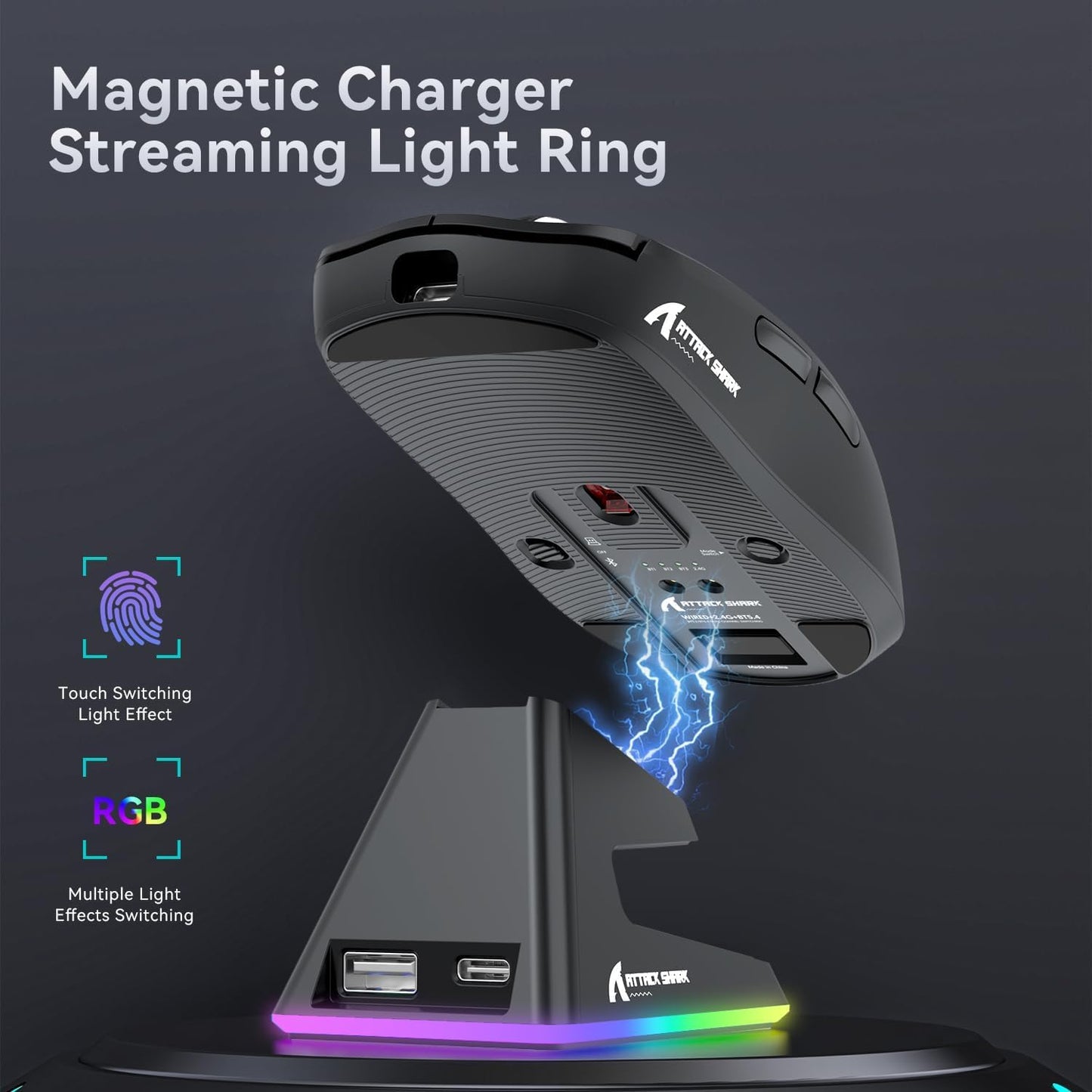 ATTACK SHARK X6 Lightweight Wireless Gaming Mouse with RGB Backlight Charging Base,Tri-Mode - Black