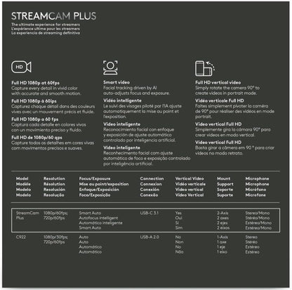 Logitech for Creators StreamCam Plus Webcam for Streaming and Content Creation, Full HD 1080p 60 fps, Glass Lens, Smart Auto-Focus, for PC/Mac – Graphite