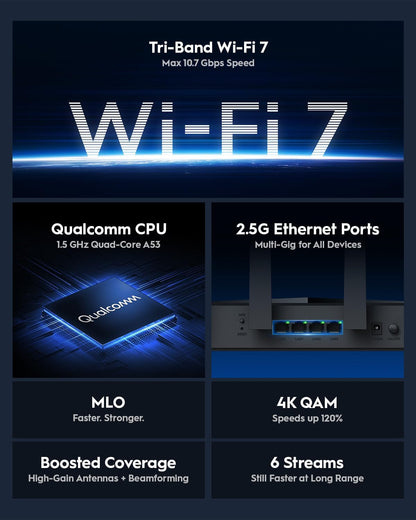 Cudy Tri-Band WiFi 7 BE11000 Router, 6-Stream 10 Gbps, 4 × 2.5G Ports, Up to 11000Mbps, VPN Server and Client, Cudy APP and Mesh, 6 × High-gain Antennas, WR11000