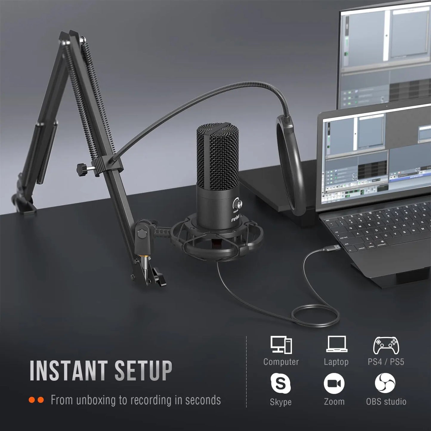 FIFINE T669 USB Microphone Bundle with Boom Arm & Shock Mount – Plug & Play Condenser Mic Kit for Streaming, Recording, Podcasting, Voice-Over & Gaming - Black