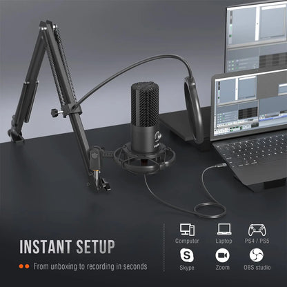 FIFINE T669 USB Microphone Bundle with Boom Arm & Shock Mount – Plug & Play Condenser Mic Kit for Streaming, Recording, Podcasting, Voice-Over & Gaming - Black