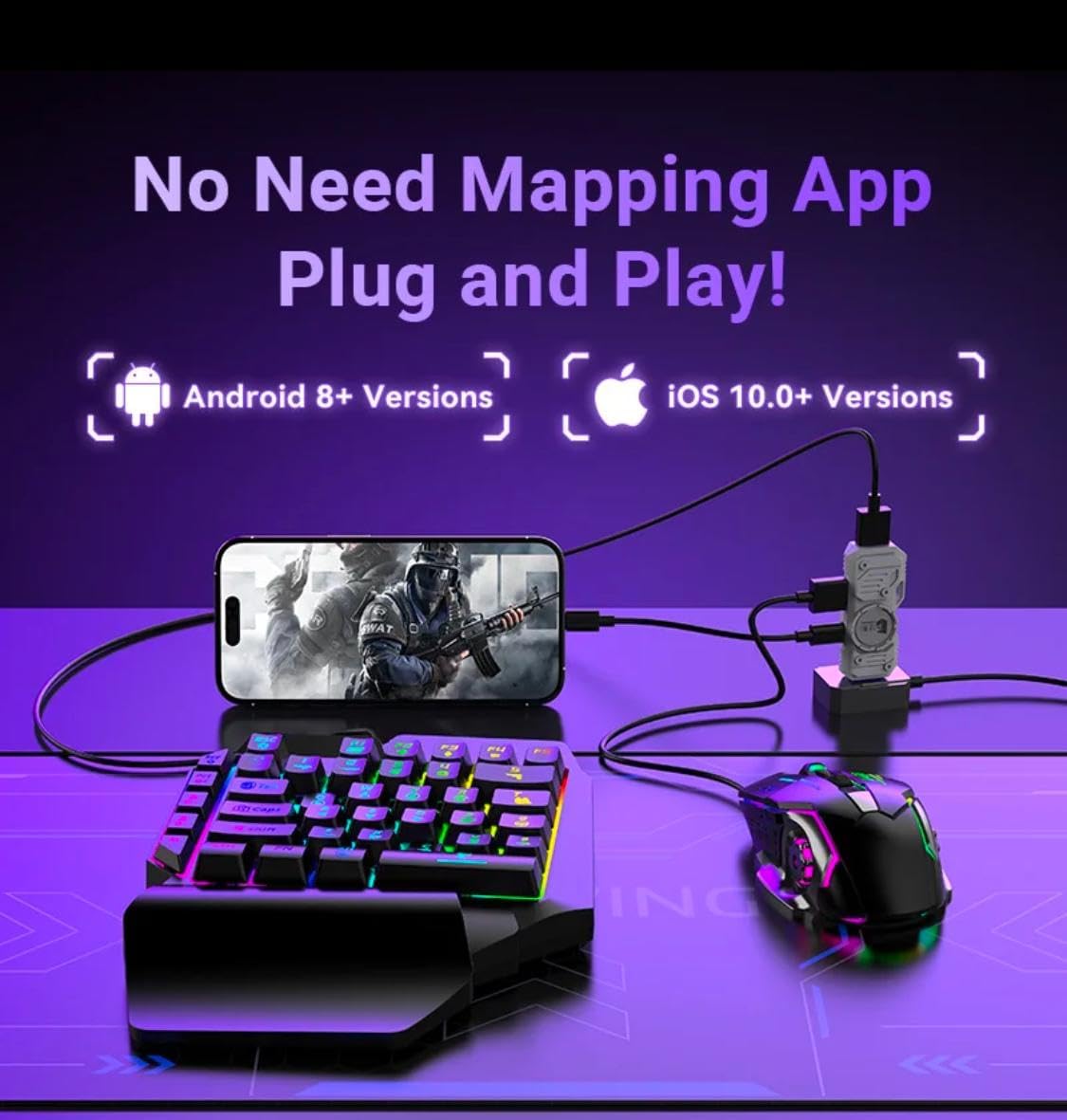 5 in 1 Mobile Game Combo Pack with RGB Mini Gaming Keyboard & Mouse with Side Button & Mobile Holder,Gaming Adapter with Mobile Game Converter for Android & iOS (NO APP Require)
