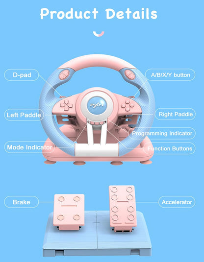 PXN V3 Pro 180 Degree Steering Wheel with Pedals, Vibration Feedback for PC, PS3, PS4, Xbox One & Series XS, Nintendo Switch - Pink & Blue