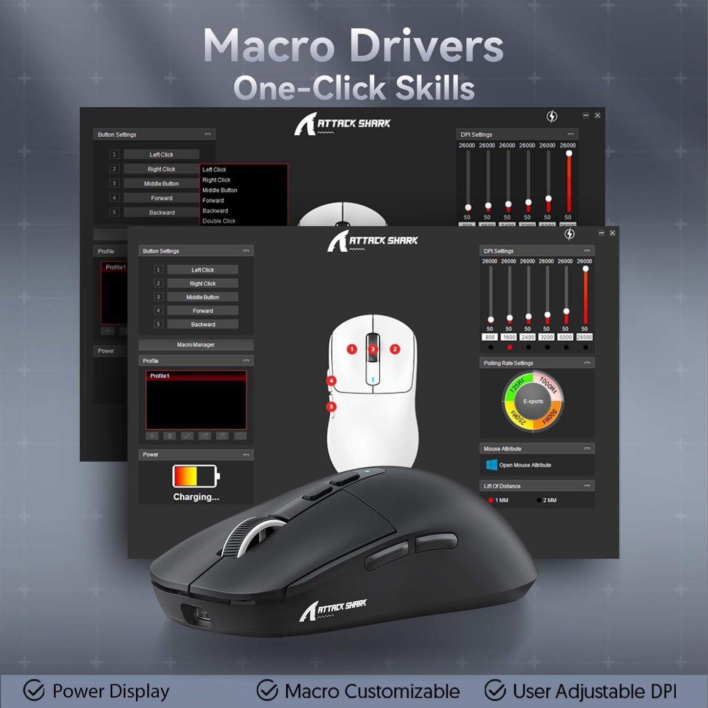 ATTACK SHARK X6 Lightweight Wireless Gaming Mouse with RGB Backlight Charging Base,Tri-Mode - Black