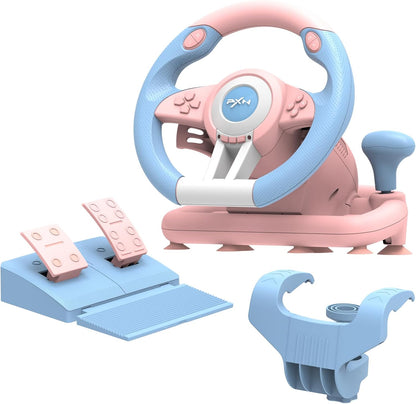 PXN V3 Pro 180 Degree Steering Wheel with Pedals, Vibration Feedback for PC, PS3, PS4, Xbox One & Series XS, Nintendo Switch - Pink & Blue