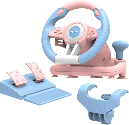 PXN V3 Pro 180 Degree Steering Wheel with Pedals, Vibration Feedback for PC, PS3, PS4, Xbox One & Series XS, Nintendo Switch - Pink & Blue