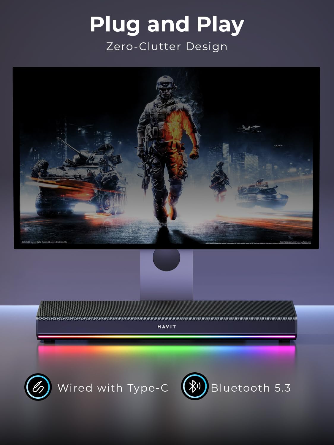 Havit SK770BT Gaming Speaker for Desktop PC, Bluetooth 5.3 Pc Soundbar with Dynamic LED Light, HiFi Stereo, Portable Bluetooth Speaker for PC, Laptop and Tablet