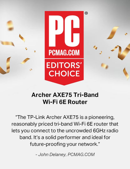 TP-Link AXE5400 Tri-Band WiFi 6E Router (Archer AXE75), 2025 PCMag Editors' Choice, Gigabit Internet for Gaming & Streaming, New 6GHz Band, 160MHz, OneMesh, Quad-Core CPU, VPN & WPA3 Security
