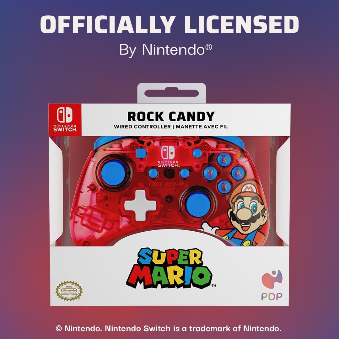 PDP Rock Candy Wired Gaming Switch Pro Controller - Mario - Red - Official License Nintendo - OLED
