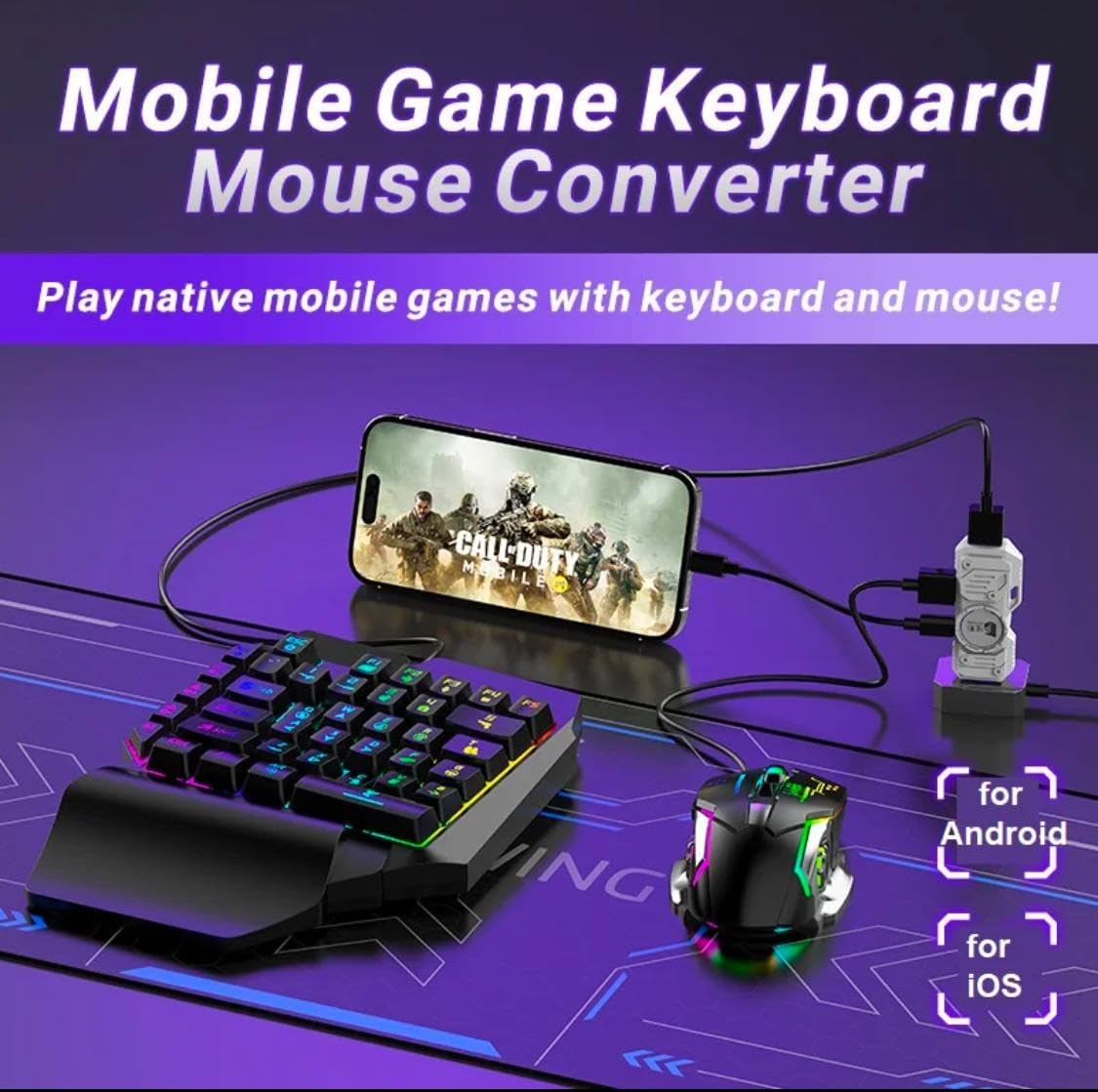 5 in 1 Mobile Game Combo Pack with RGB Mini Gaming Keyboard & Mouse with Side Button & Mobile Holder,Gaming Adapter with Mobile Game Converter for Android & iOS (NO APP Require)