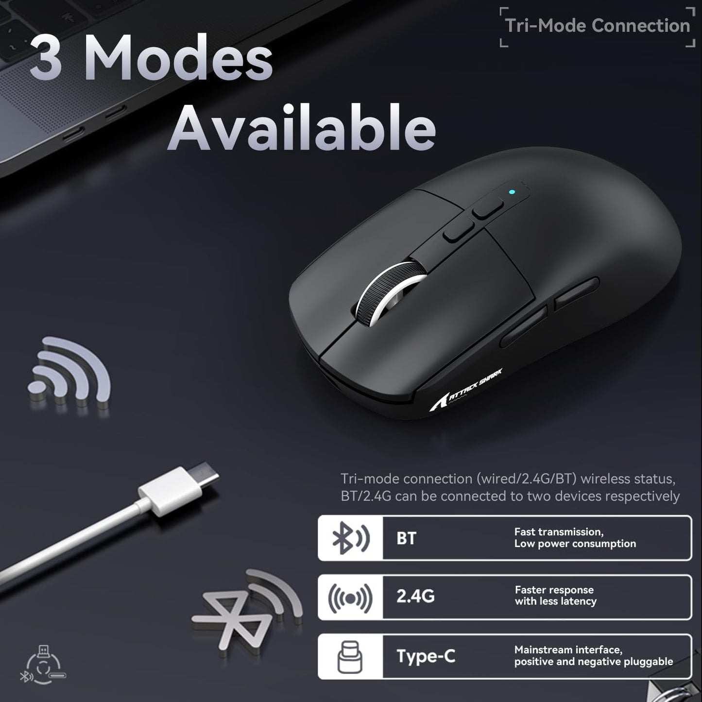 ATTACK SHARK X6 Lightweight Wireless Gaming Mouse with RGB Backlight Charging Base,Tri-Mode - Black