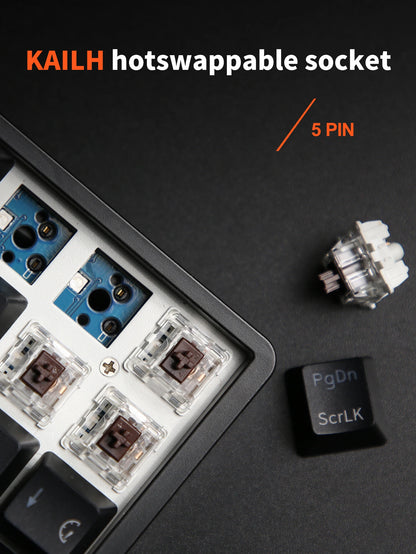 RK ROYAL KLUDGE RK68 لوحة مفاتيح ميكانيكية لاسلكية 65% ثلاثية الوضع، بلوتوث 5.1 / 2.4 جيجاهرتز / سلكية، قابلة للتبديل السريع، 68 مفتاحًا RGB - أبيض