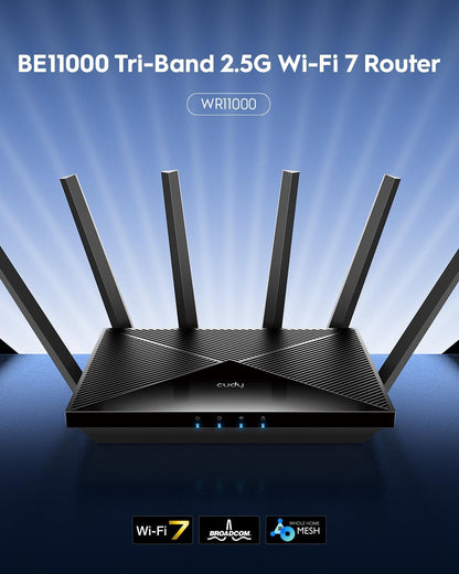 Cudy Tri-Band WiFi 7 BE11000 Router, 6-Stream 10 Gbps, 4 × 2.5G Ports, Up to 11000Mbps, VPN Server and Client, Cudy APP and Mesh, 6 × High-gain Antennas, WR11000