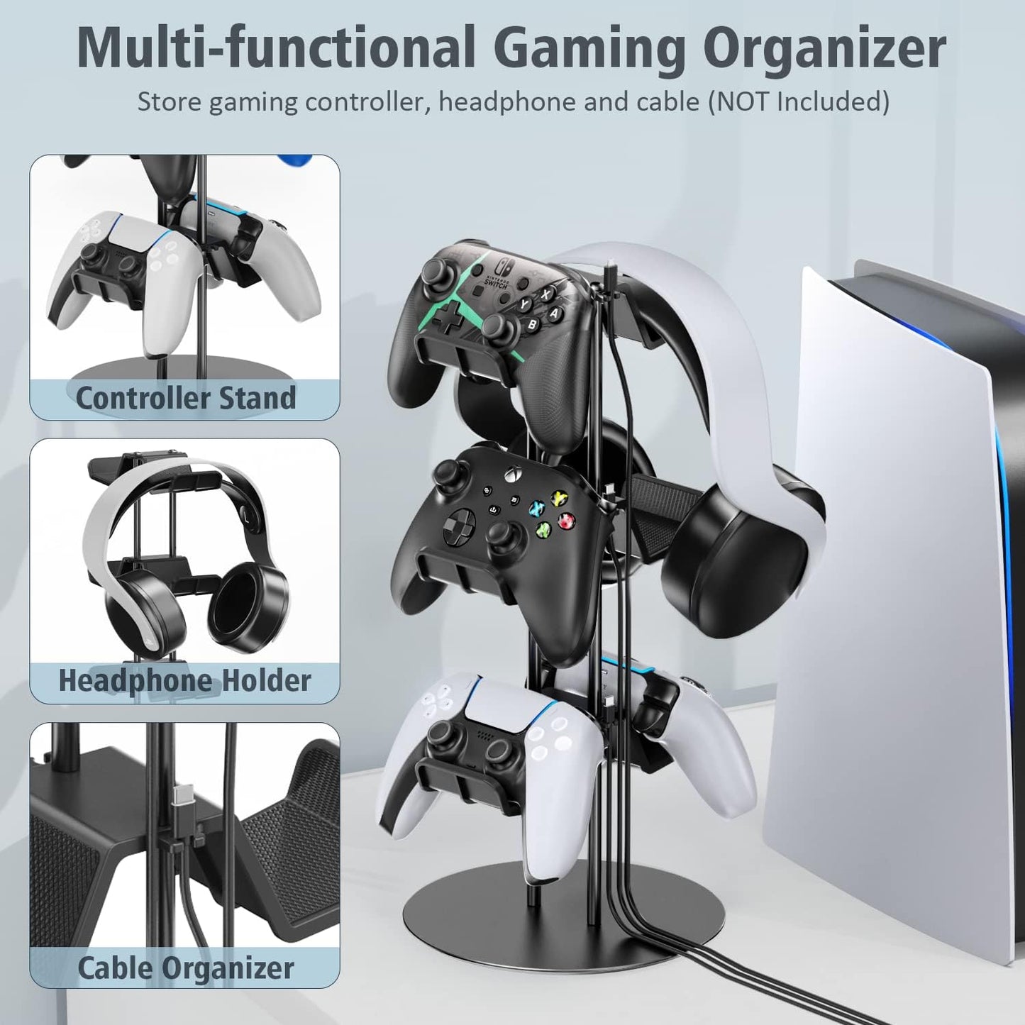 Kytok Controller Desk Stand 3 Tiers with Cable Organizer, Universal Controller & Headset Display Stand