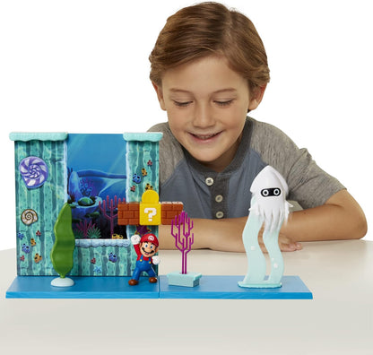 مجموعة لعب سوبر ماريو تحت الماء مع قطعة بيئية تفاعلية، وشخصية ماريو المفصلة مقاس 2.5 بوصة وشخصية الحبار - اجمع وأنشئ عالم ماريو الخاص بك!