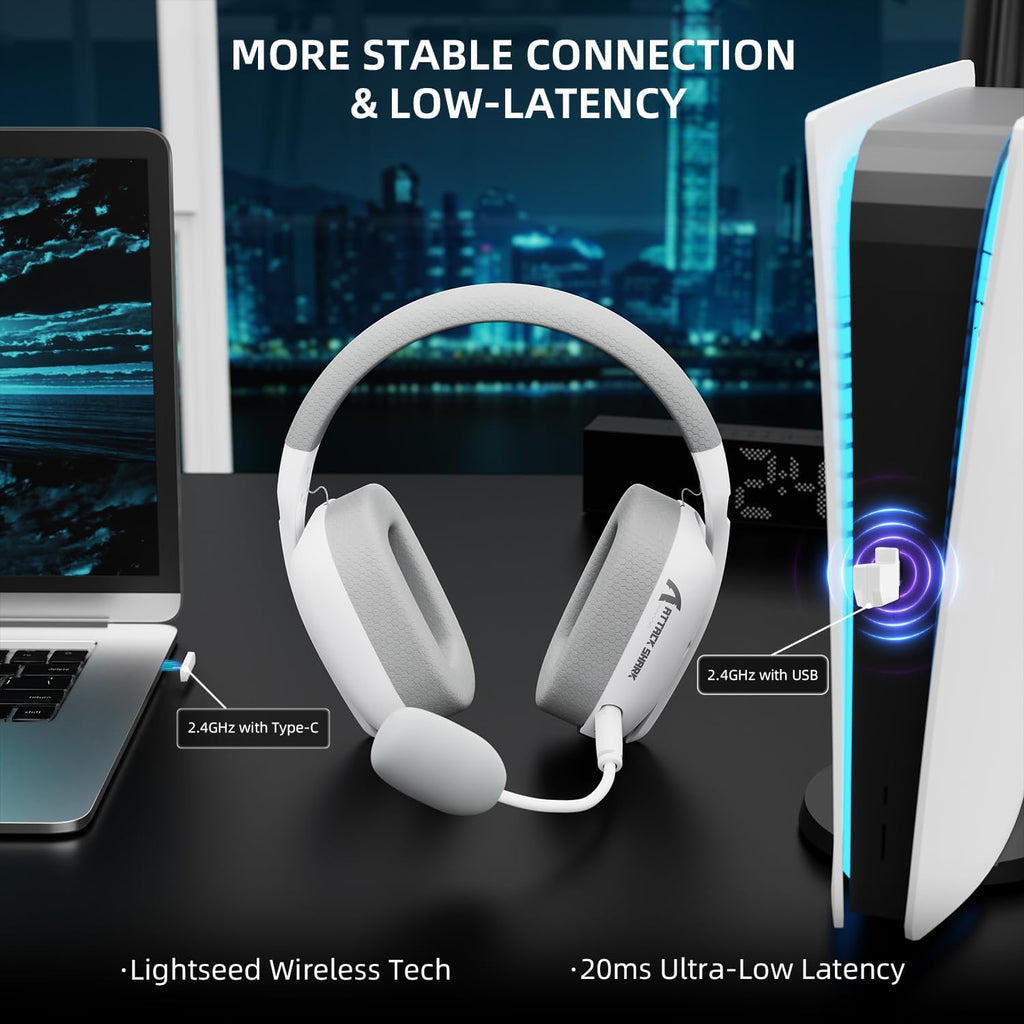 Attack Shark L80PRO Wireless Gaming Headset Lightweight Headphones with 20ms Low Latency, Dual Mics, 40mm Drivers, 300mAh Battery - 3 Modes (2.4G/Bluetooth/Wired) - White | Black
