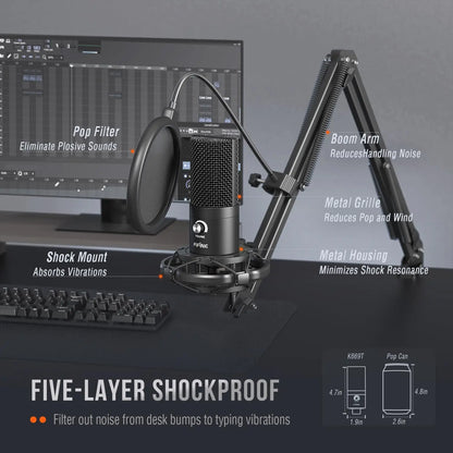 FIFINE T669 USB Microphone Bundle with Boom Arm & Shock Mount – Plug & Play Condenser Mic Kit for Streaming, Recording, Podcasting, Voice-Over & Gaming - Black