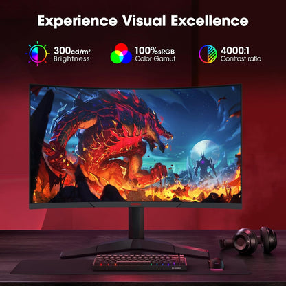 KOORUI 27E6QCA 27 inch Curved Gaming Monitor, QHD (2560 x 1440) R1500 180Hz, AdaptiveSync with 1ms Computer Monitor, VESA Compatible, HDR10